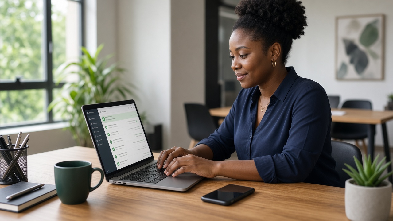 Business owner sending bulk SMS from a laptop