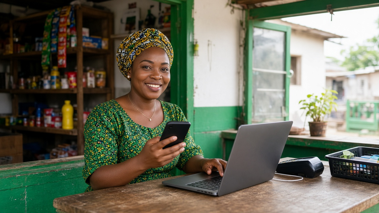 VTU agent serving customers with laptop and phone at a kiosk