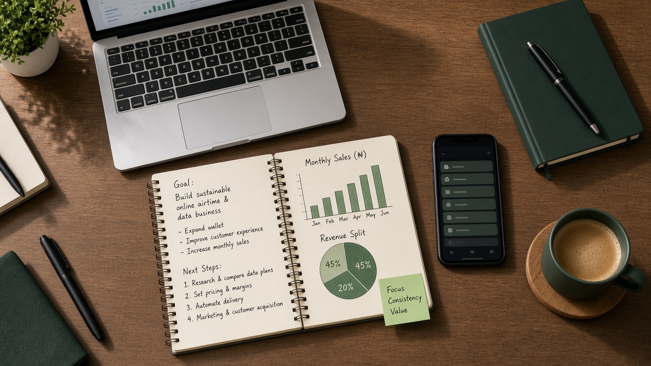 Entrepreneur desk setup for planning an online airtime and data business